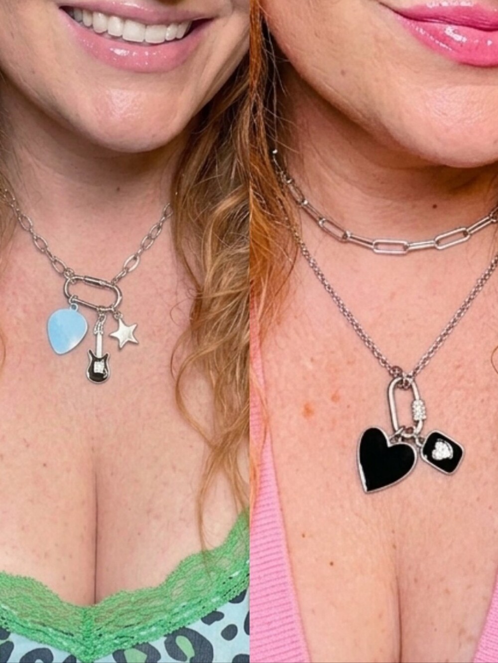 Lot of 2 Silver Necklaces, Black Heart, Light Blue Pick, Guitar & Star Charms